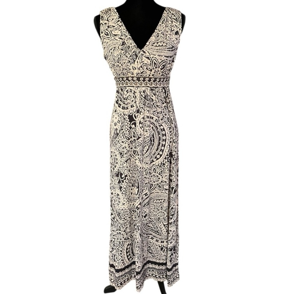 Monsoon ivory and black sleeveless maxi dress size S empire waist paisley floral